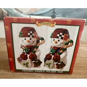 Vintage Snowman Ceramic Candle Holders Pair Holiday Treasures‎ Decor 4"